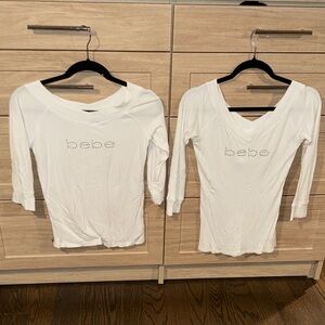 2 x Bebe White Rhinestone Long Sleeve Tops